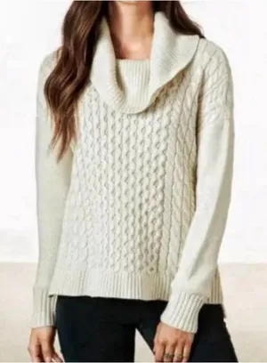 American Eagle Cable Knit Cowl Neck Sweater Cream‎ Ivory Chunky Cozy Size Medium thumbnail 1