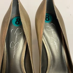 Jessica‎ Simpson Gold Metallic peep Toe Heels Shoes A10 thumbnail 8