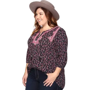 Lucky Brand Women's Black & Pink Floral Embroidered Boho Top Size 2X thumbnail 3