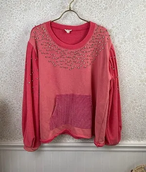 POL Pink Rhinestone Stud Accent Pocket Sweatshirt - Size - Medium thumbnail 1