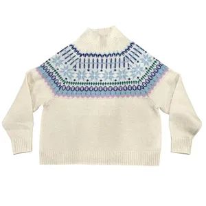 Old Navy Cozy Intarsia Fair Isle Mock Neck Sweater Cream Blue Wool Blend Large thumbnail 3