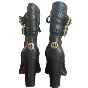 Tory Burch Combat Boots Black Leather Double Buckle Heeled Moto Size 9 thumbnail 4