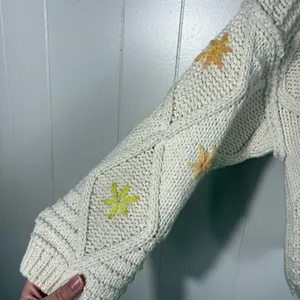 Free People Ivory Cable Knit Fisherman Floral Embroidered Cropped Sweater XL thumbnail 2