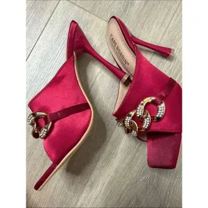 Cape Robbin Disteny Brick Red Satin Slide Mules with Gold Crystal Chain thumbnail 10