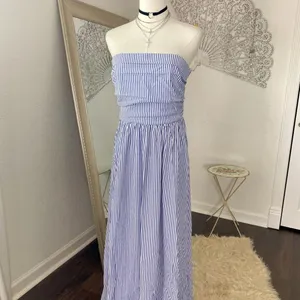 Source Unknown New Casual Blue White Striped Strapless Bandeau Midi Dress L thumbnail 3