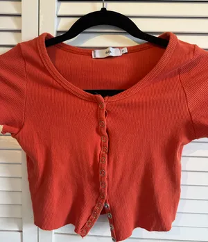 Button Down Short Sleeve Crop Top Orange thumbnail 1