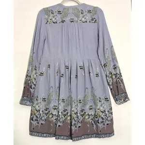 Free People Purple‎ Paisley Floral Boho Mini Dress Long Sleeve Babydoll Tunic XS thumbnail 3