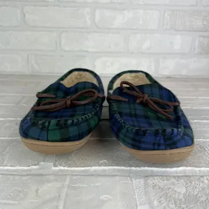 J Crew Slippers Womens 8 Green Blue Plaid Faux Shearling Fur Lining Moccasin thumbnail 7
