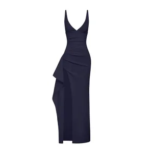 NWT Babyboo Violetta Navy Blue Ruched High Slit Ruffle Maxi Dress Womens Size XS thumbnail 4