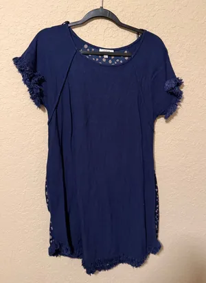 Umgee Navy Tunic Dress with Taupe Spot Print on back small thumbnail 1