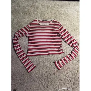 Brandy‎ Melville Striped Long Sleeve Top Red Black Cream Ribbed Crop Crew Neck thumbnail 2