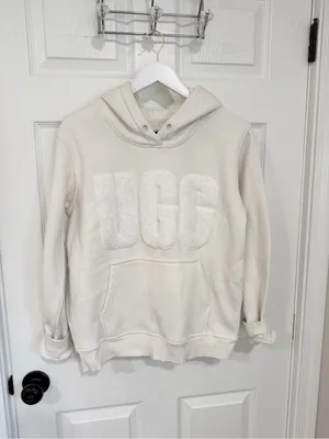 UGG Sherpa Logo Hoodie Cream Ivory Pullover Sweatshirt Cozy Fleece Casual Medium thumbnail 3