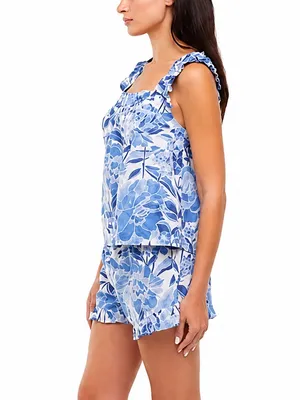 GAP 2 Pc Pajama Set Sz Medium Blue Floral 100% Cotton Ruffle Sleep Shorts Lounge thumbnail 5
