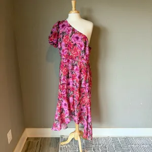 Showpo Floral One Shoulder Ruffle Midi Dress Pink NWT 14 thumbnail 2