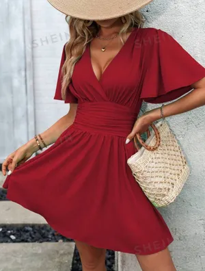 SheIn Clasi Plunging Neck Butterfly Sleeve Ruched Waist Dress thumbnail 5