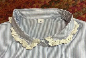 Dainty Blue Pinstripe Lace Trim Button Up Collared Blouse thumbnail 4