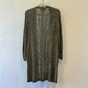 Knox Rose Olive Green Pointelle Knit Open Front Duster Cardigan Sweater Small thumbnail 2