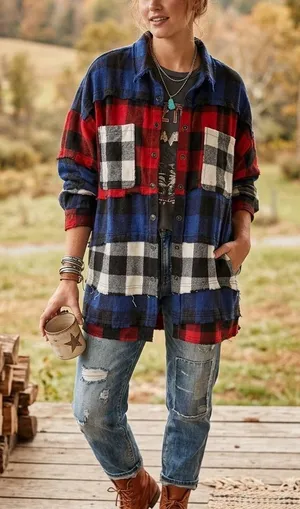 Oli & Hali Mixed Plaid Flannel Shacket Size Large Reworked Tiered Boho USA thumbnail 1