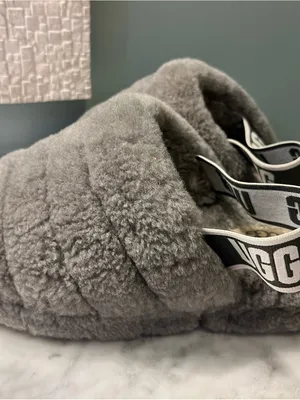 UGG Plush Quilted Gray Fluff Slide with Branded Strap thumbnail 5