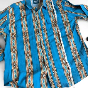 Wrangler Vintage Aztec Brushpopper Navajo Western Cowboy Shirt Turquoise Blue Pearl Snap Rodeo 90s Men XL - measurement in pics thumbnail 5