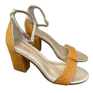 Lilly Pulitzer Chunky Block Heel Sandals Size 9.5 Metallic Gold‎ Open Toe Straw thumbnail 4