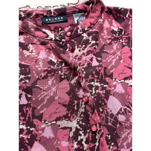 Vintage Cute Medium Y2K Mesh Sheer 90s Blouse Red Floral Lettuce Hem Whimsygoth thumbnail 4
