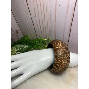 Natural wooden floral carved bangle bracelet thumbnail 2