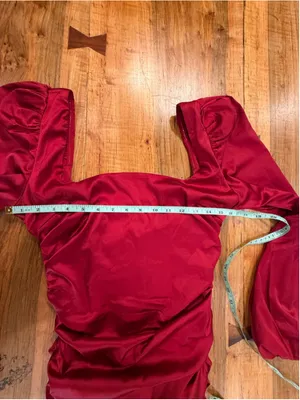 Oh Polly Mini Dress Red Satin Ruched Square Neck Puff Sleeve Cocktail Size 8 M thumbnail 9