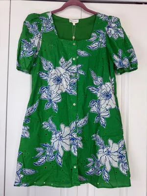 entro Green Floral Mini with White & Blue Print Boutique Dress thumbnail 2