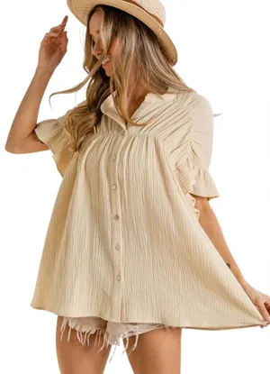 Bibi 100% Cotton gauze Babydoll Boho Chic Tunic Tan Size Medium thumbnail 1