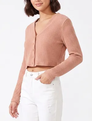 SHEIN Cardigan Womens 12 Terracotta Ribbed Cropped V-Neck Excellent thumbnail 1