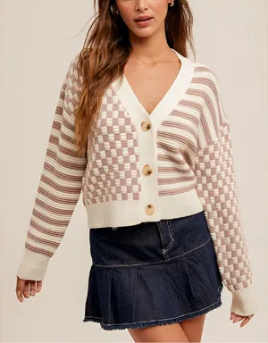 NEW Sincerely Jules Womens‎ Fall Preppy Check Striped Crop Cardigan Sweater XL thumbnail 1
