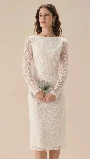RIHOAS White Lace Boat Neck Slit Midi Dress L 74 thumbnail 1