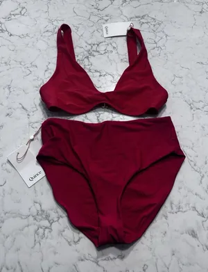NWT Quince Cherry Red Italian Plunge Bikini Top & High Rise Bottoms Set Small thumbnail 1