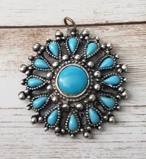 Vintage Pendant Silver Tone & Turquoise Tone 1.5" - No Chain Included thumbnail 1