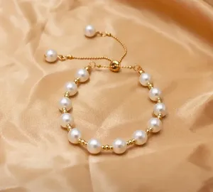 Elegant Gold White Faux Pearl Adjustable Golden Bracelet thumbnail 4