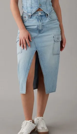 American Eagle Outfitters Light Wash Denim Midi Skirt with Front Slit thumbnail 1