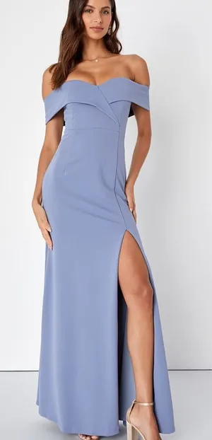 NWOT Lulus Song of Love Blue Grey Off-the-Shoulder Maxi Dress M thumbnail 1