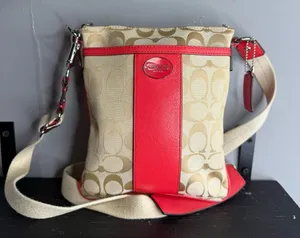 Coach Khaki Signature Canvas Crossbody with Red Leather Trim thumbnail 1