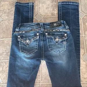 Miss Me Mid-Rise Straight Jeans Sequins 24x33” Bling Rhinestone Western thumbnail 5