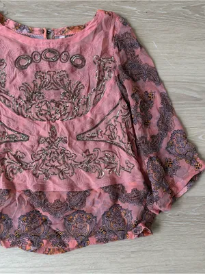 Anthropologie Ignacia Sheer Sequined Blouse Coral Gold Boho Top thumbnail 5