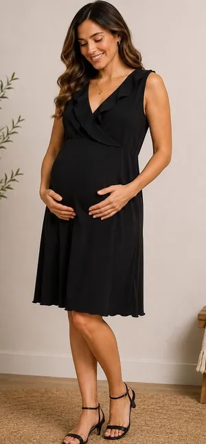 Nicole Miller Maternity Dress Women S Black Ruffle V-Neck Peter Pan Collar Crepe thumbnail 1