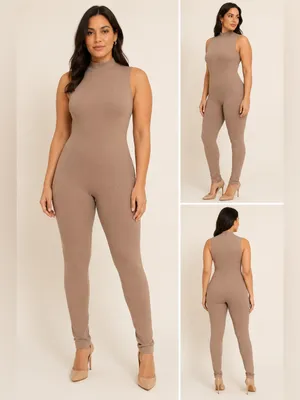 Lilly’s Kloset Brown Ribbed Mock Neck Sleeveless Jumpsuit Catsuit L NWT thumbnail 2
