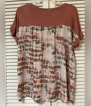 Bobeau Brown and Green Short Sleeve Tie Dye Blouse - Size Large - VGUC thumbnail 2