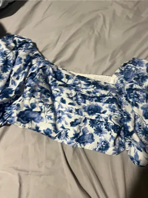 Abercrombie & Fitch Blue Floral‎ Puff Sleeve Crop Top Smocked Pleated L thumbnail 13