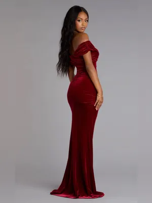 Windsor Gemma Burgundy Velvet Off Shoulder Mermaid Gown Size XS thumbnail 2