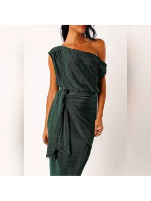 NWT Petal and Pup Midi Santiago Off Shoulder emerald metallic green dress size S thumbnail 5