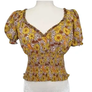 Floral Puff Sleeve Blouse Fall in Yellow and Brown Top thumbnail 1