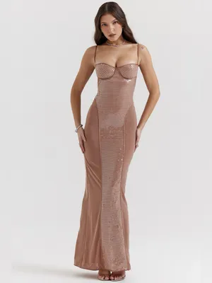 House of CB Bonita Cafe Au Lait Sequin Maxi Dress S thumbnail 3