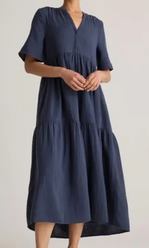 NWT Quince Gauze Split Neck Navy Midi Dress 100% Organic Cotton Tiered Sz XS thumbnail 1